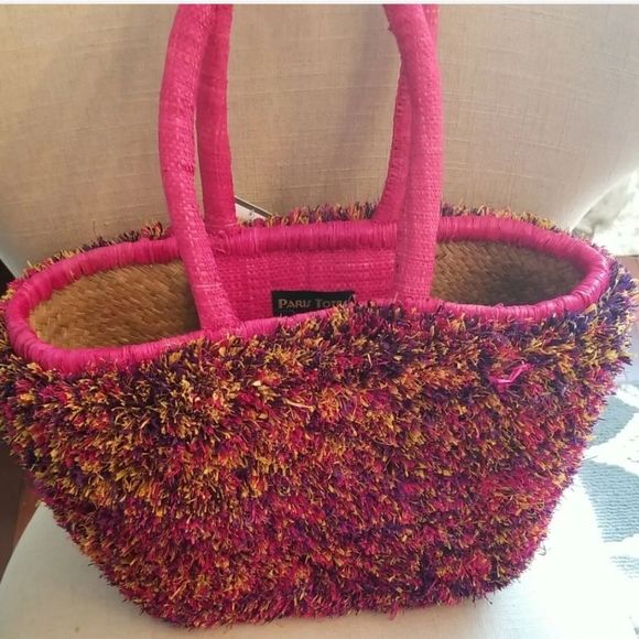 Women's Rare Runway Paris Tote Confetti Multicolored Rare Straw Raffia NWT - Picture 4 of 10